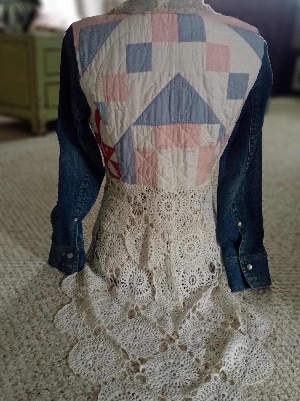 Vintage Denim Jacket with Blue, Pink & Cream Quilt and Crochet Panels